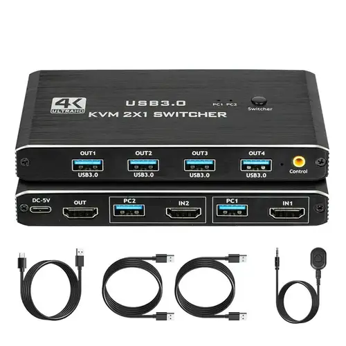 Imagen 2 del producto Conmutador USB 3,0 KVM 2x1 con control remoto para 2 ordenadores Compartir 1 monitor y teclado/ratón/impresora compatibles con HDMI (4 periféricos USB)