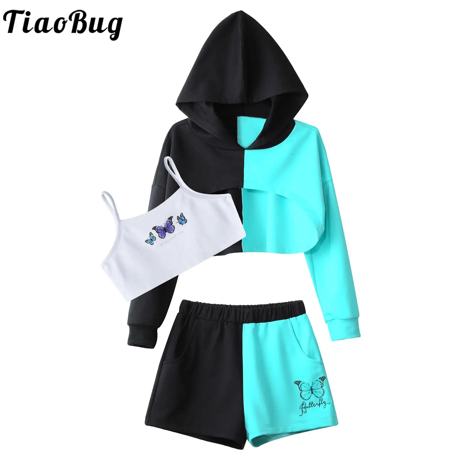 

Kids Girls Sports Gymnastics Outfits Modern Hip Hop Street Dance Costume Long Sleeve Hoodie Cropped Sweatsuit Cami Top Shorts