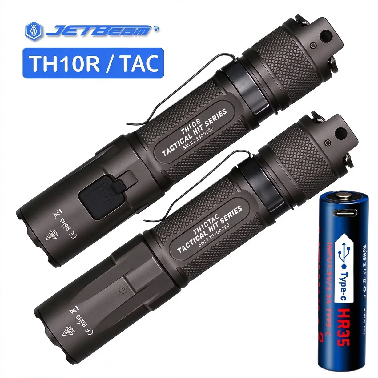Rechargeable Tactical Flashlight XHP35 HD 2000LM Torch Light with 18650 Battery for Camping Self Defense-Jetbeam TH10R
