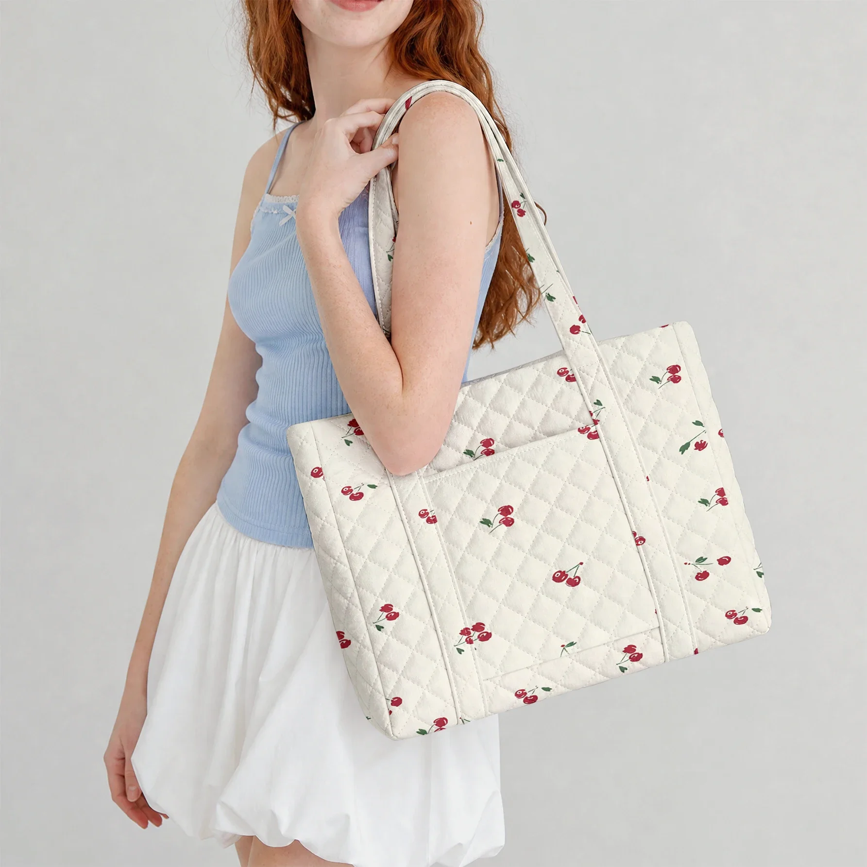 Cherry Print Quilted Tote Bag Large Capacity Shoulder Bag For Shopping Travel Daily Use