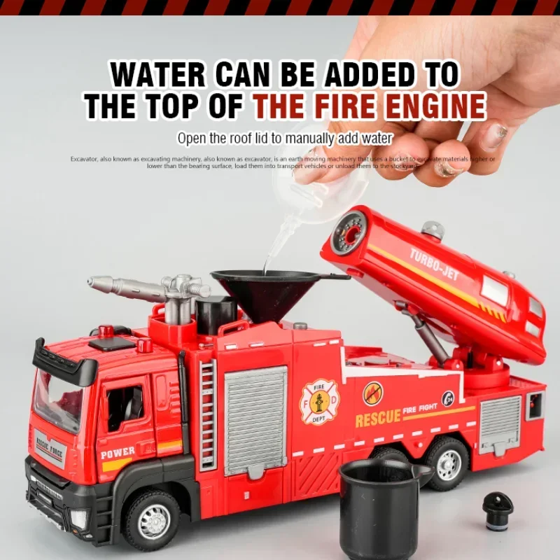 Camión rociador de motor de bomberos con pulverizador de agua de aleación, sonido y luz, modelo de coche extraíble, puerta abierta, juguetes para niños, regalos de vacaciones, 1/32