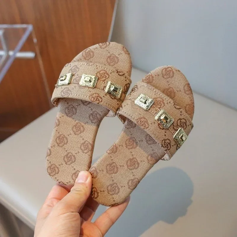 Metal Decoration Girls Slippers Summer Flowers Printed Soft Sole Children Slippers Comfortable PU Fashion Kids Flat Shoes