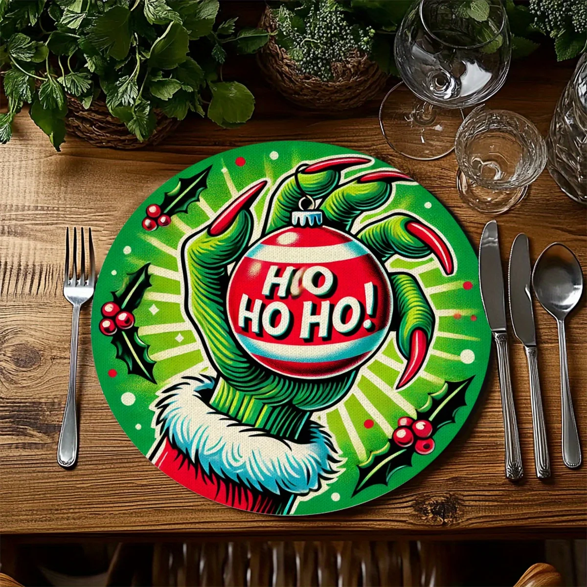 VIKAMA 4PC Christmas Monster Hand Theme Meal Mat Christmas Ball Anti Heat Mat Dining Table Christmas Decoration