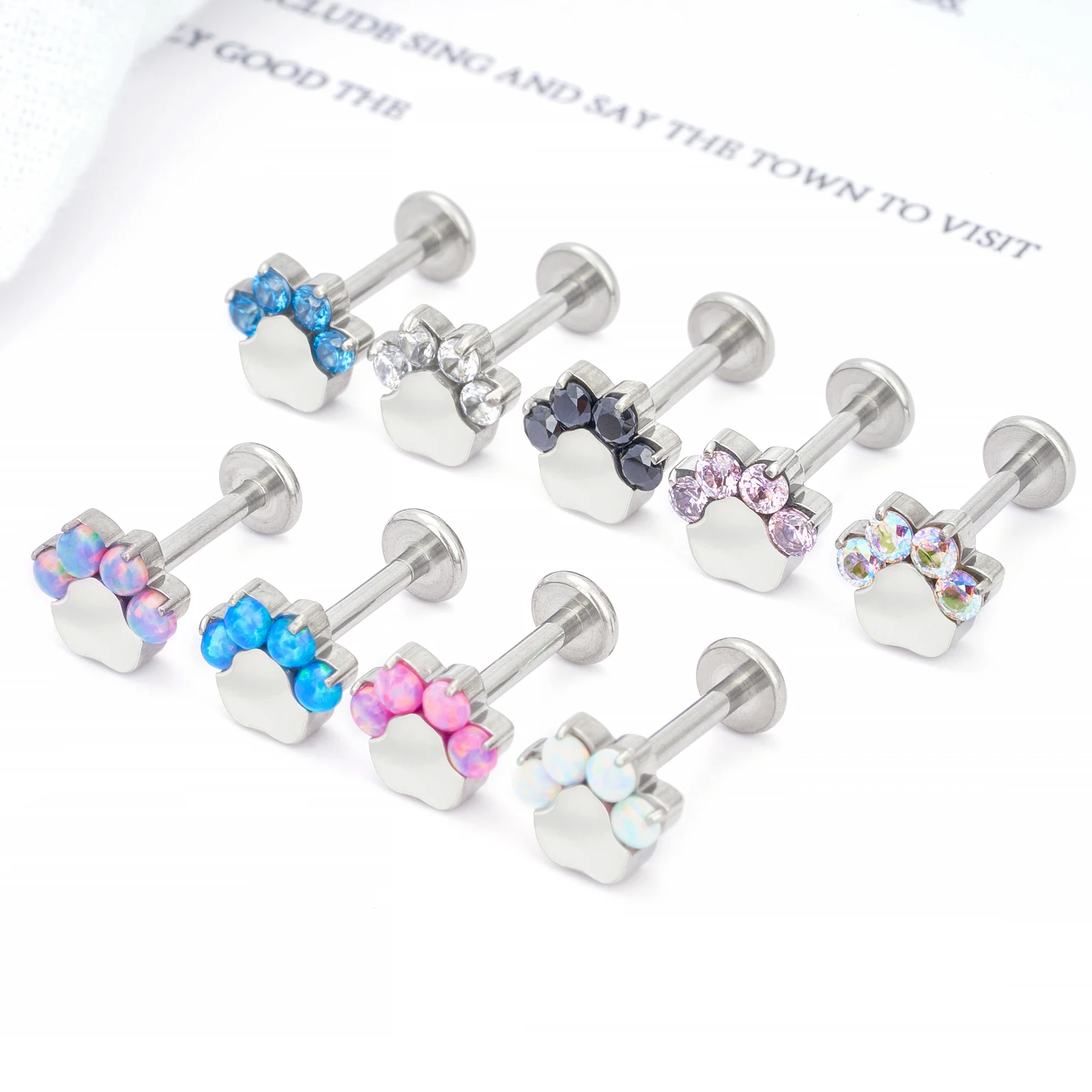 G23 Titanium Piercing 16G Internal Thread Push in Cat paw CZ Labret Nose Ear Studs Helix Cartilage Tragus Women Body Jewelry