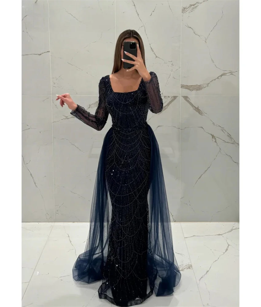 

Customized Luxury Sequined Beading Mermaid Evening Dress High Quality Square Neck Long Sleeves Floor Length prom dresses