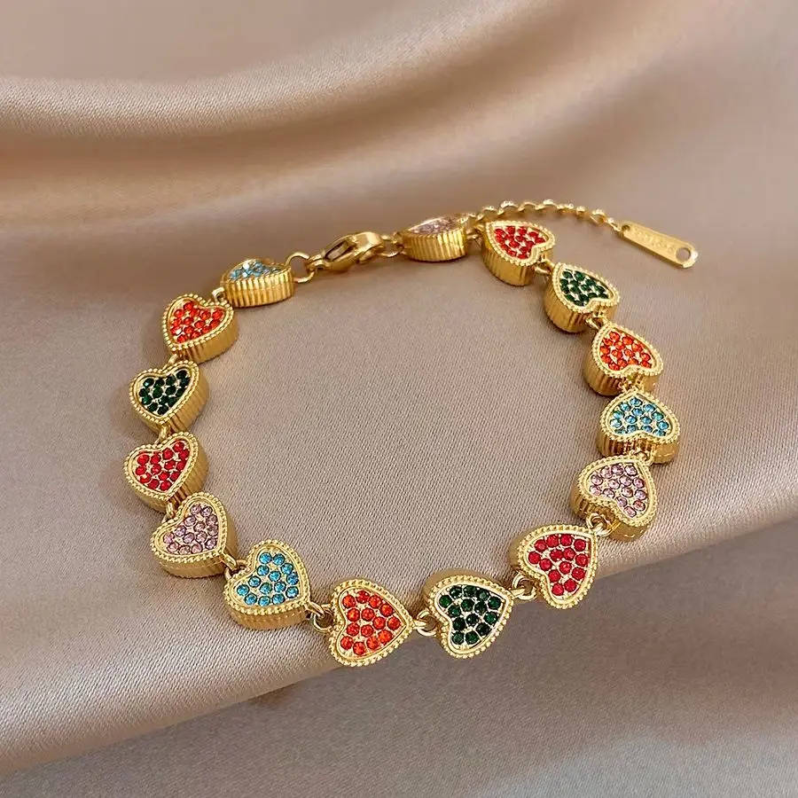 DODOHAO Boho Waterproof Golden Stainless Steel Bracelet for Women Inlaid Colorful Zircon Heart Chain Bracelet Y2K Jewelry Gift