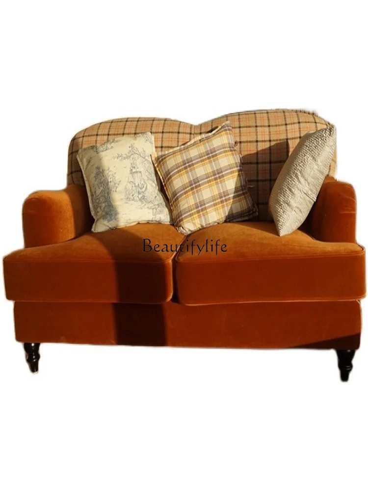 French Retro Checked Cloth Art Sofa Caramel Velvet Color Matching Sofa