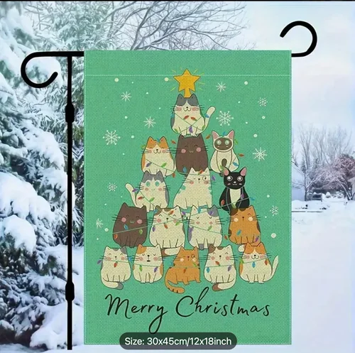 Festive Cat Christmas Tree Garden Flag-Double-Sided-12x18in-Quality Linen Blend EYY IIX SSL
