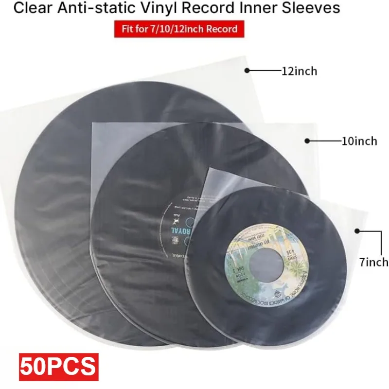 50 Stück antistatische, transparente Vinyl-Innenhüllen für Schallplatten, 7/10/12 Zoll, LP/LD, staubdichte Kunststoff-Schutzhüllen zur Aufbewahrung für Sammler. – Detail 1
