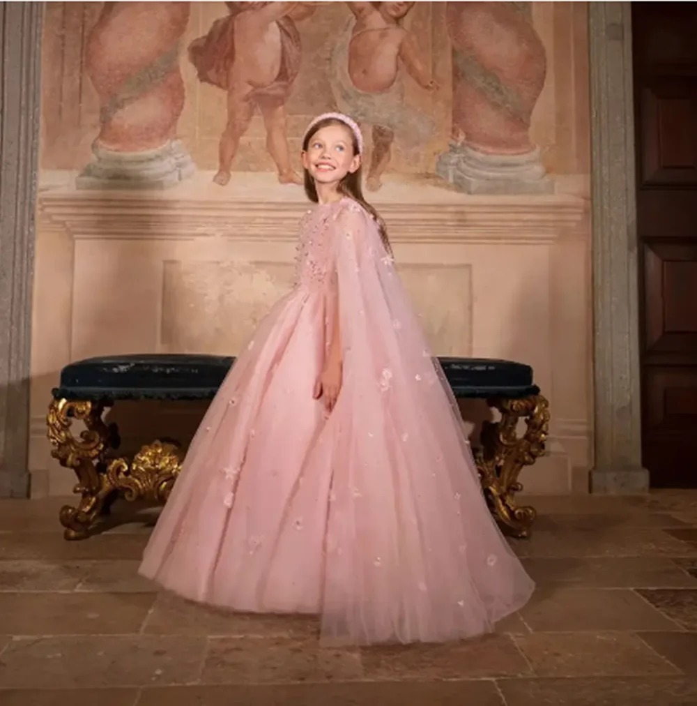 

Customized Blush Pink Flower Girl Dresses For Wedding Shawl Shiny 3D Floral Gorgeous Princess Birthday Party Banquet Prom Gown