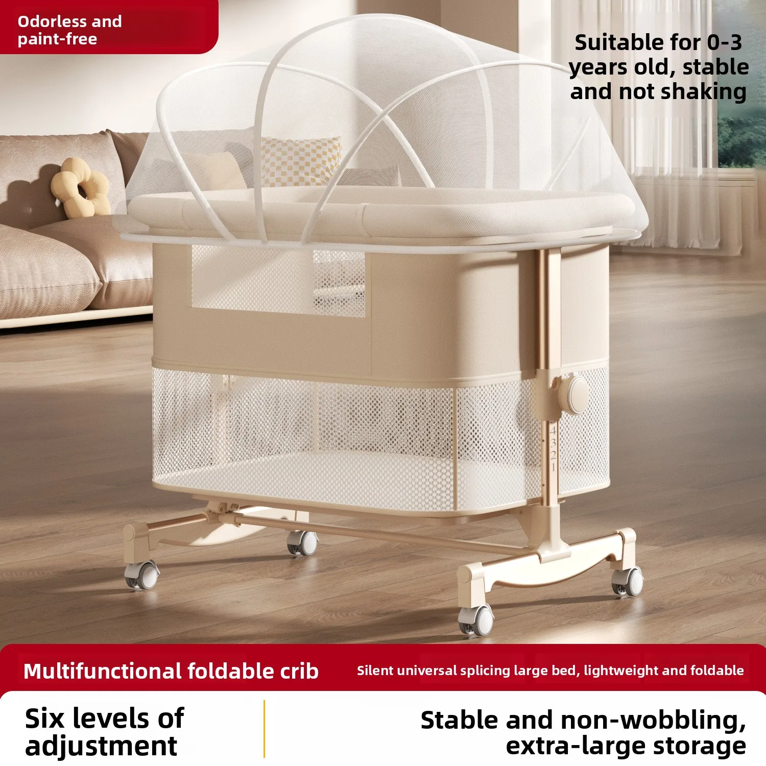 Babyfond Portable Folding Baby Crib, Multifunctional Movable Newborn Splicing Bed, Safe Infant Bed for Bedroom & Travel
