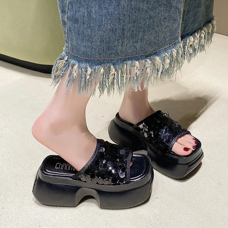 8cm Synthetic Slip on Platform Wedge Fashion Sandal Bling ROME Ladies Beach Shoes Peep Toe Pumps Summer Slippers Fashion Shoes