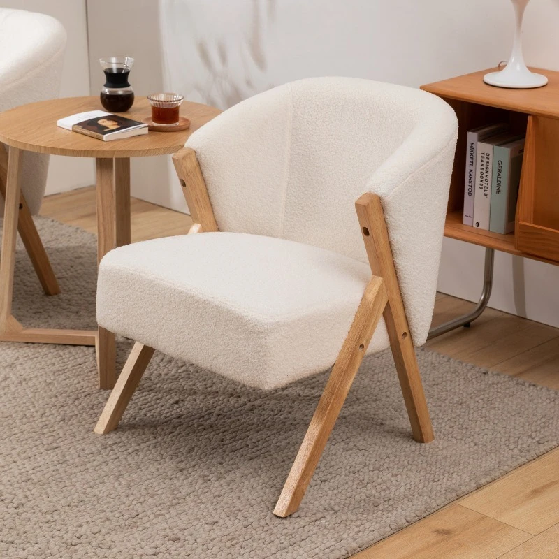 Nordic Lamb Wool Single Sofa Chair Living Room Balcony Bedroom Hotel Single Chair Solid Wood Fabric Lazy Sofa Chair