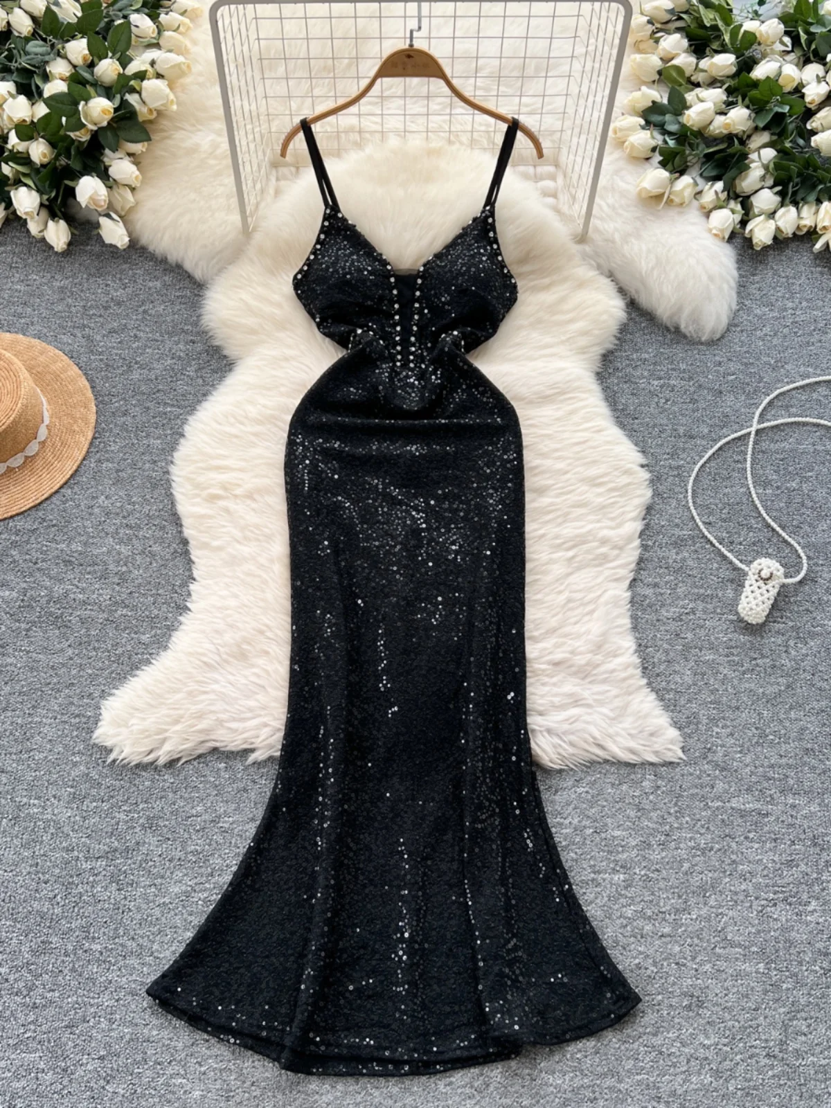 فستان طويل لامع مزين بالألماس على شكل حرف v مثير على طراز الآلهة للنساء، فستان سهرة للتخسيس على الطراز الكوري، تنورة عالية ال... #2