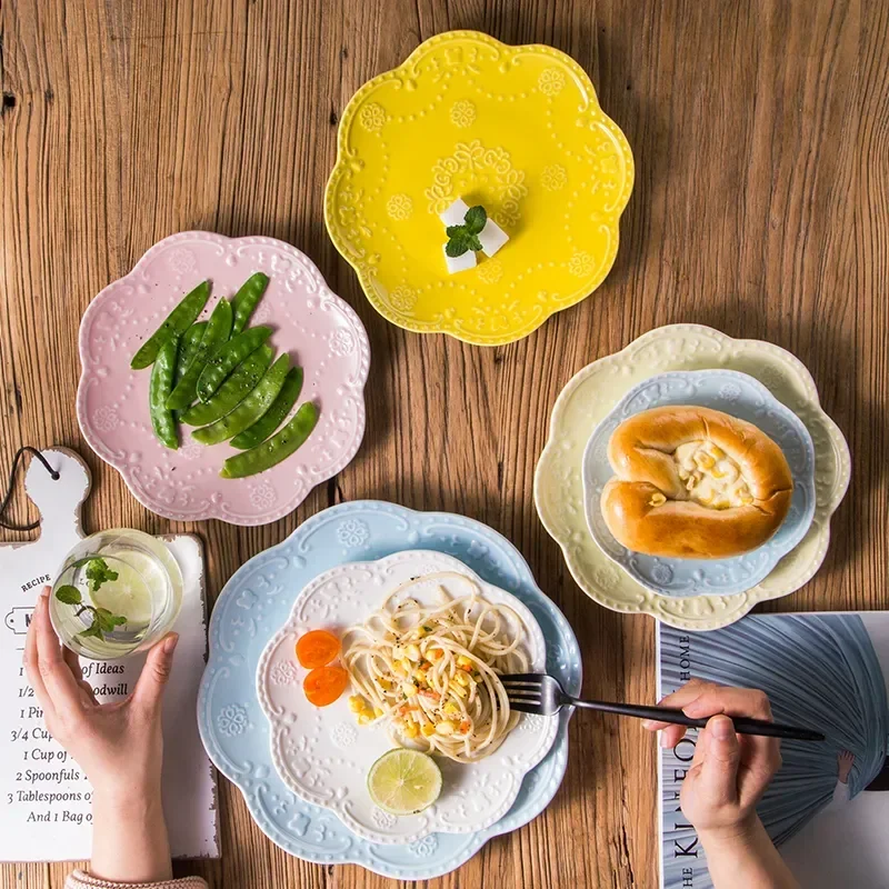 

6 "8" 10 дюймов Китайская тарелка с тиснением, тарелка с фруктами, тарелки для салата, керамический поднос, розовый диск для стейка, торт, плоская тарелка, кухонные аксессуары для дома