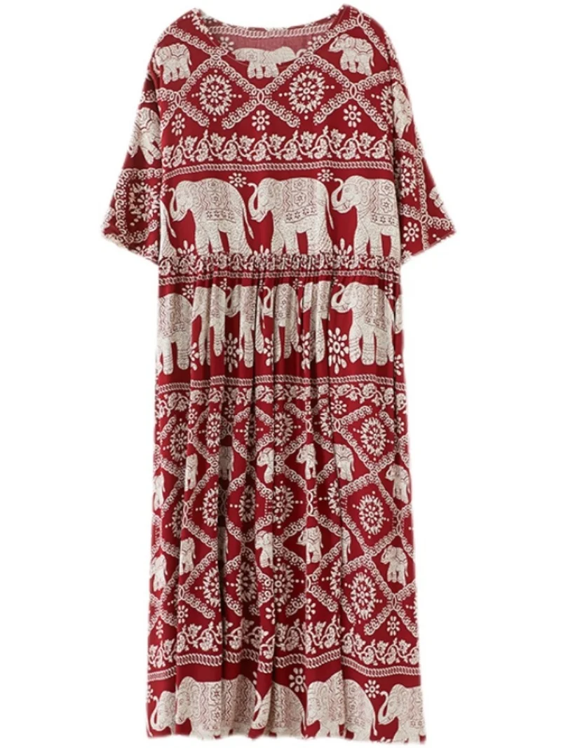 Summer Loose Silken Floral Long Dr Vintage A-Line Skirt Women's plus Size Clothing Comfortable Wide Hemline Retro Sle