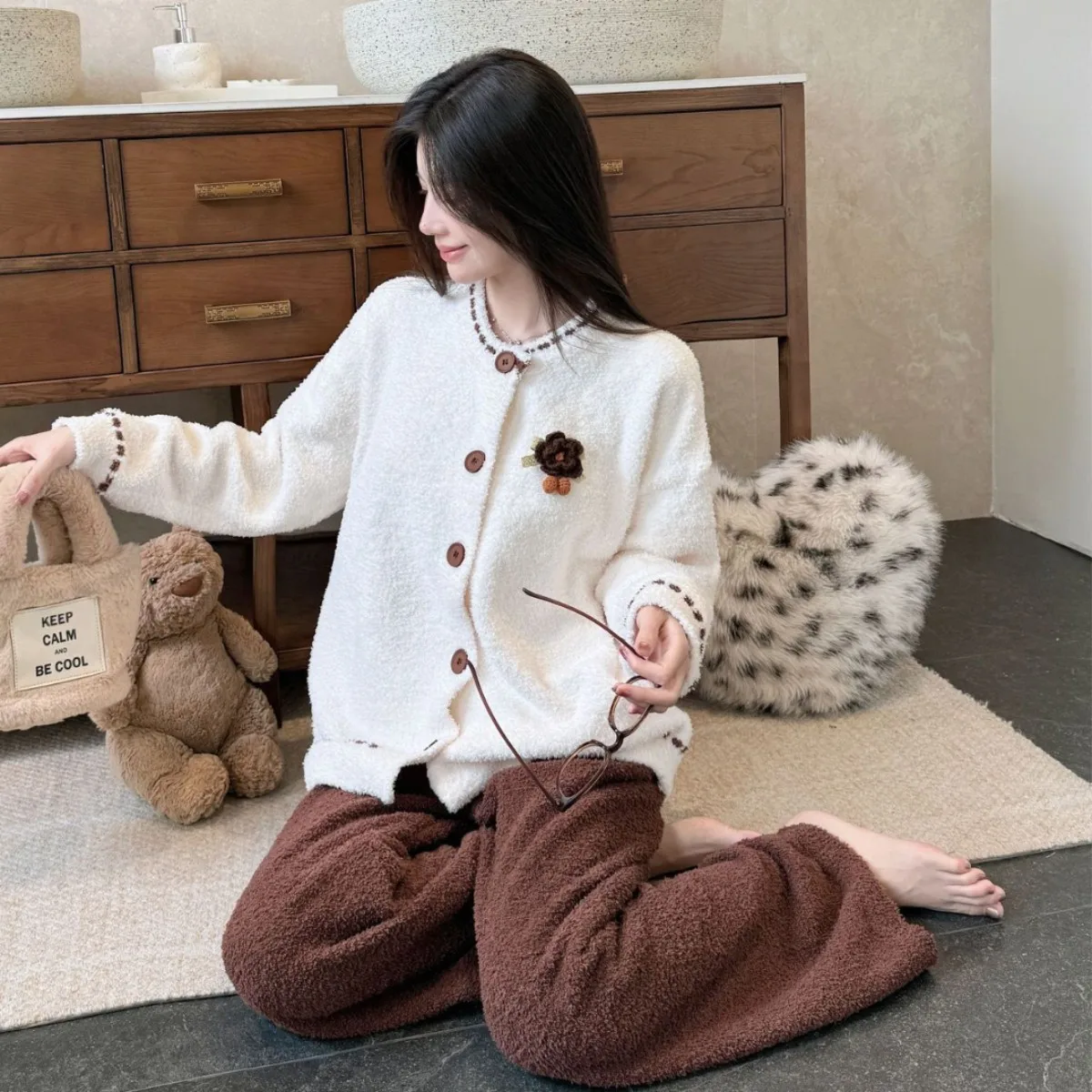2PCS New Cute Women Sweet Striped Fleece Pajama Set Autumn Winter Soft Wearable Outside Casual Knit Loungewear Sleepwear Suit