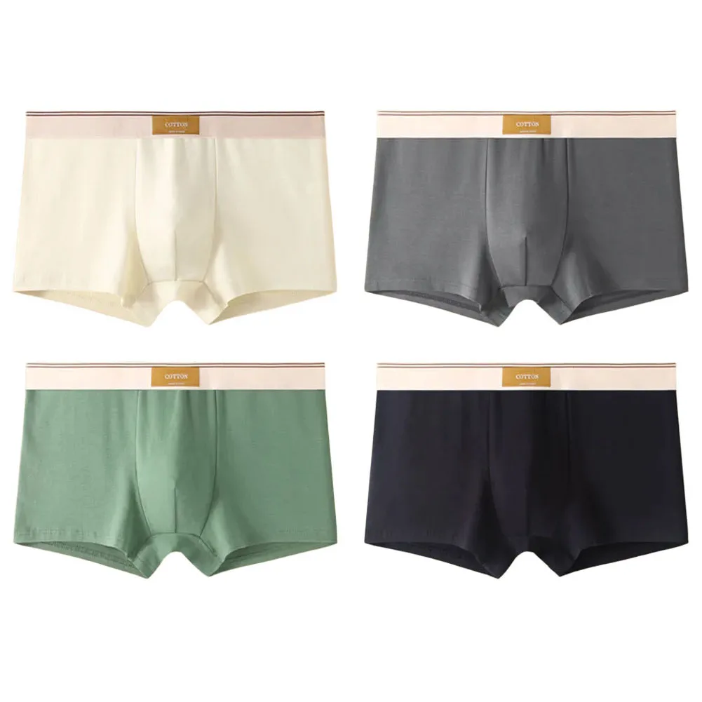 4Pcs Men Cotton Underpants Soft Solid Underwear Stretch Seamless Soft Boxers Lounge Panties Breathable Lingerie Sleepwear Trunks