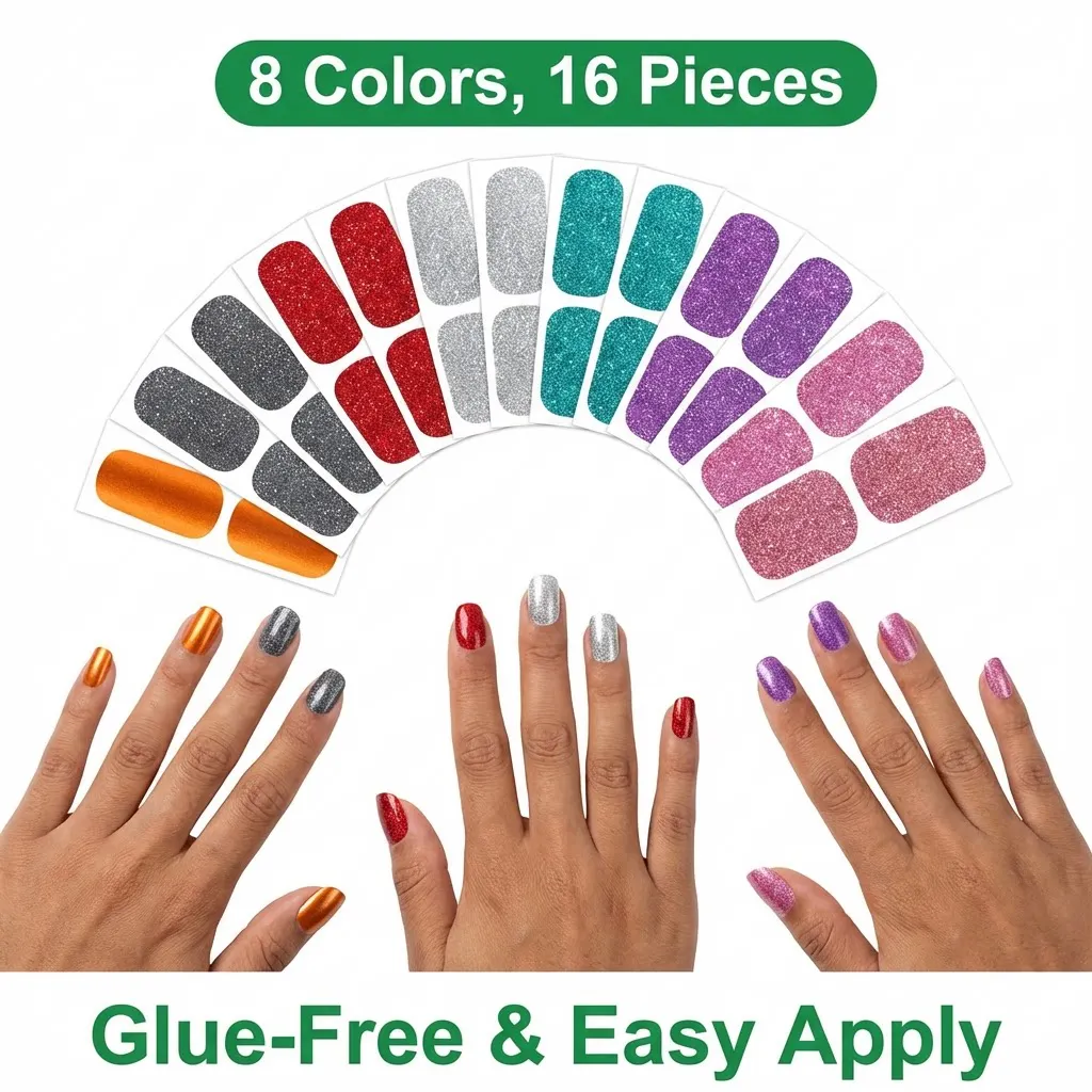 8 Sheet Nail Sticker Full Wrap Nail Strips Pink Nail Glitter Self Adhesive Gel Nail Sticker Women Self Nail Supplies Manicure
