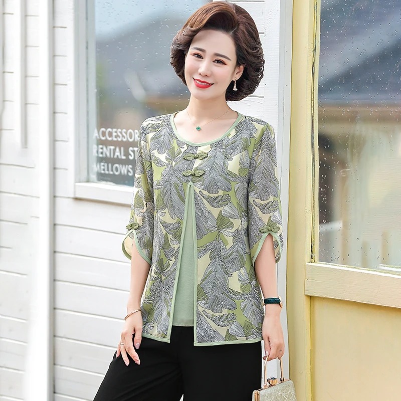 New Summer womens clothing Middle-aged women Fake Two-Piece Set Casual Print Loose Women\'S shirt