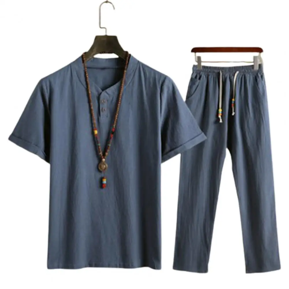 1 Set Cool Men Outfit Simple Top Pants Short Sleeve Chinese Style Mid Rise Outfit  Mid Waist