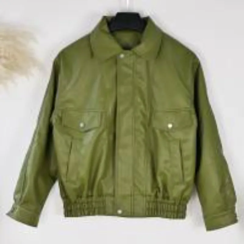 ファッショングリーンレザースリーブルーズジャケット女性用シックなラペルジッパー付きクロップドショートコート2024新作レディースカジュアルハイストリートアウターウェア