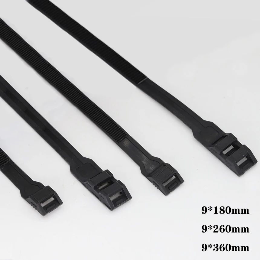 9*180/260/360mm Black Nylon Plastic Wire Strap Wrap Clamp Double Buckle Disposable Flat Self-Locking Ziptie Zip Ties Cable Tie