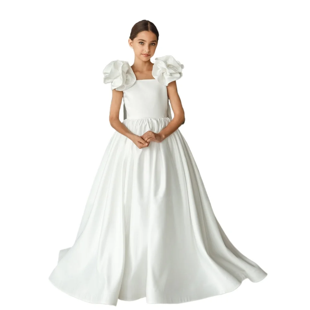 Flower Girl Dresses White  Satin Solid with Bow Sleeveless for Wedding Birthday Banquet First Communion Gowns