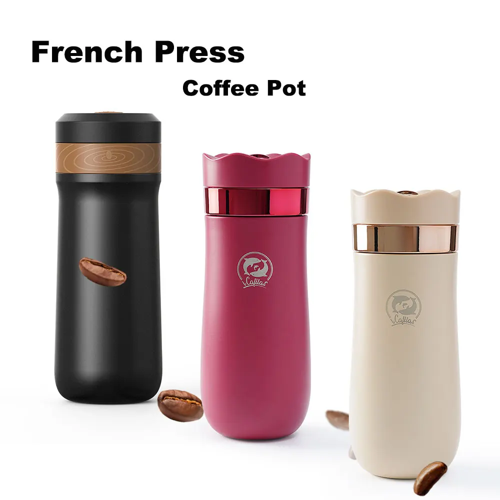 2IN 1 Portable French Press Pot 320ml Travel Coffee Maker Stainless Steel Double-walled Coffee Tea Bottle & Thermo Jug Kettle