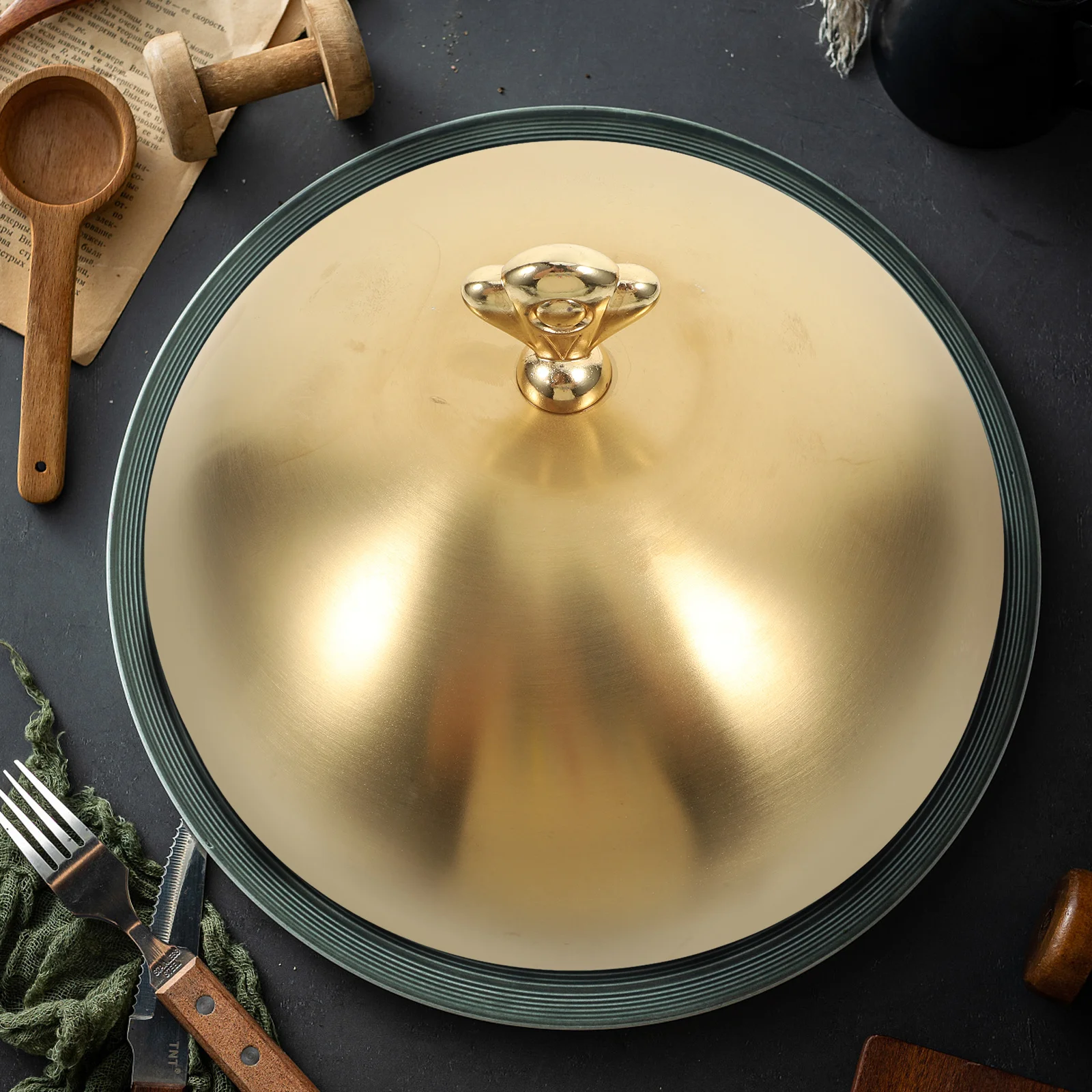 

1pc Sturdy Steak Cover Thickened Stainless Steel Dish Hood For Hotel Kitchen Cooking No Magnetic Iron Plate Cover Golden