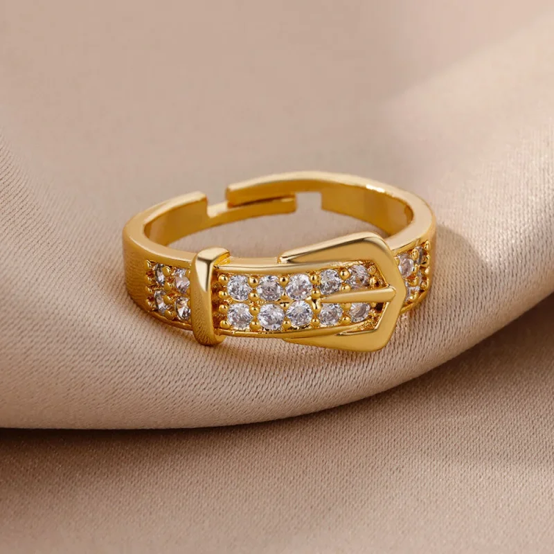 Chic Gold Color Buckle Shaped Ring With Sparkling Zircon Fashion Trendy Adjustable Ring Women's Gatherings Jewelry