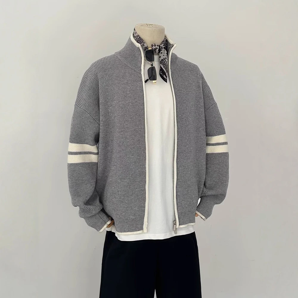 Mens Plain Striped Knit Cardigan Streetwear Fashion Outdoor Versatile Daily Versatile Long Sleeve Stand Collar Casual Top 2026