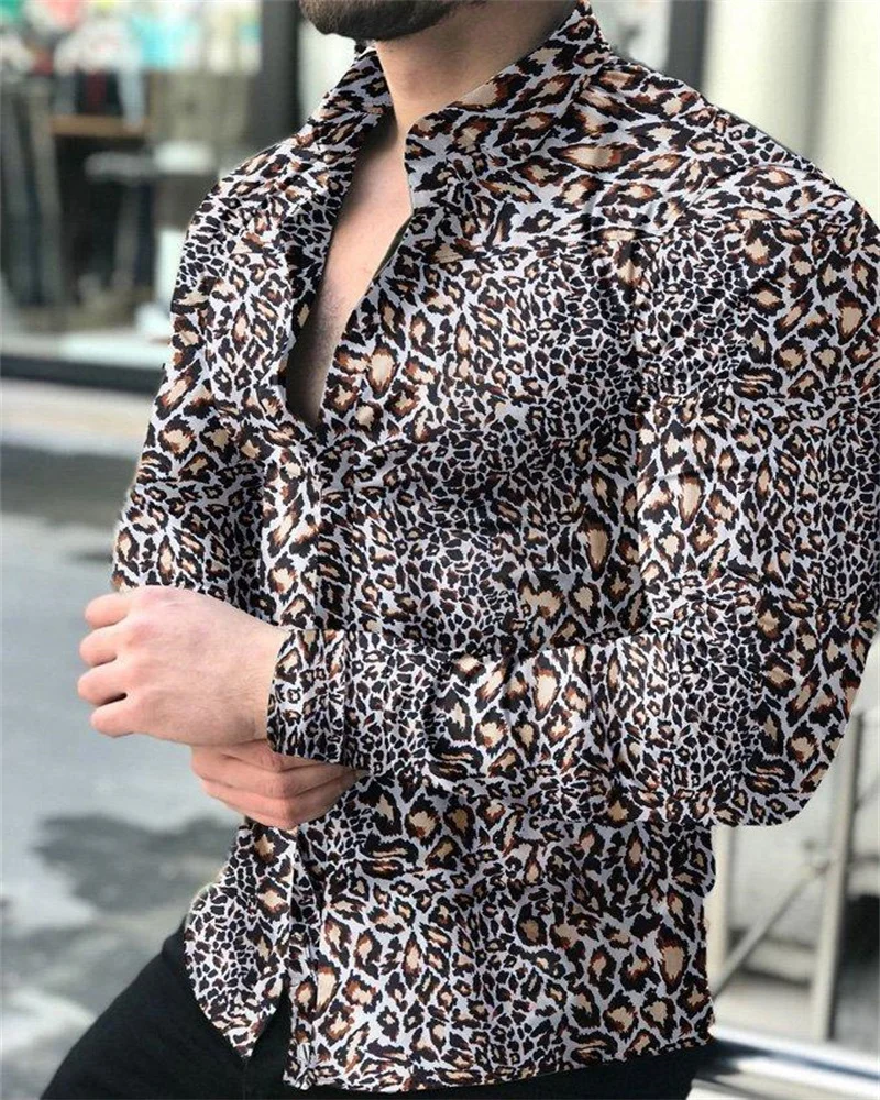 Fashion Luxury Men\'s Shirt Leopard Print 3D Print Long Sleeve Social Shirt Lapel Oversized Top T-Shirt Men Autumn Clothing