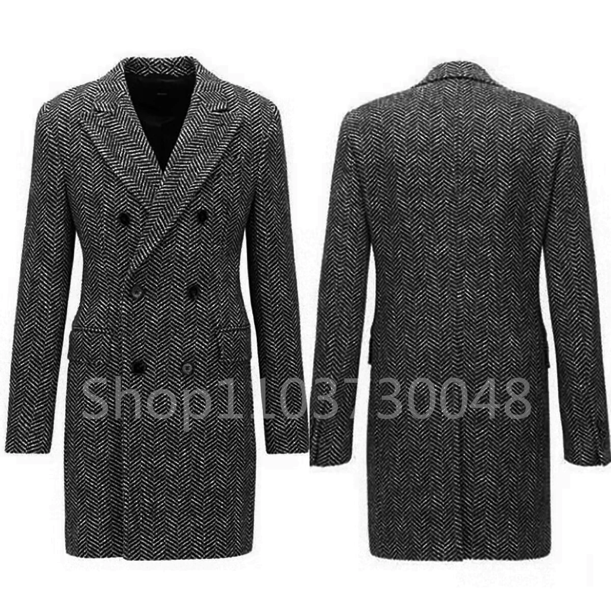 Men Herringbone Long Coat Dark Gray Herringbone Wool Blend Double Breasted Suit Jacket Business Overcoat Smart Casual Man Blazer