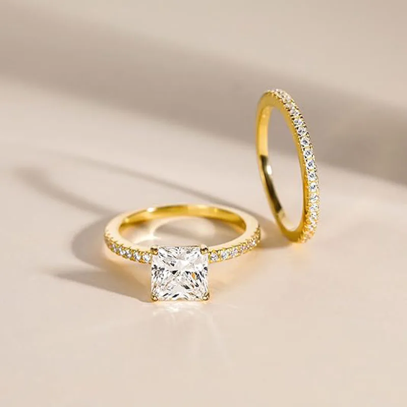 

Комплекты обручальных колец с муассанитом, 2 карата, центральный камень огранки «Принцесса», серебро 925 пробы, индивидуальный дизайн, для женщин, девушек, на свадьбу, годовщину