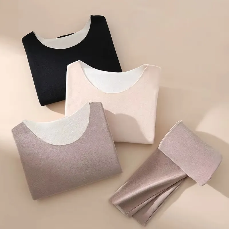 Women's Thermal Underwear Set Winter Long Sleeve Seamless Thick Double Layer Warm Bottoming Top Sleepwear 2 Pcs Lingerie