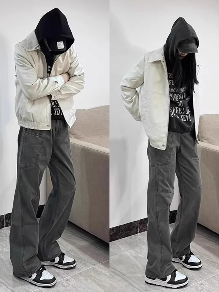 

ey Waed High Waist Men's Workwear Pants American Retro Spring Autumn Cleanfit Large ket Logging Straight Leg Jeans