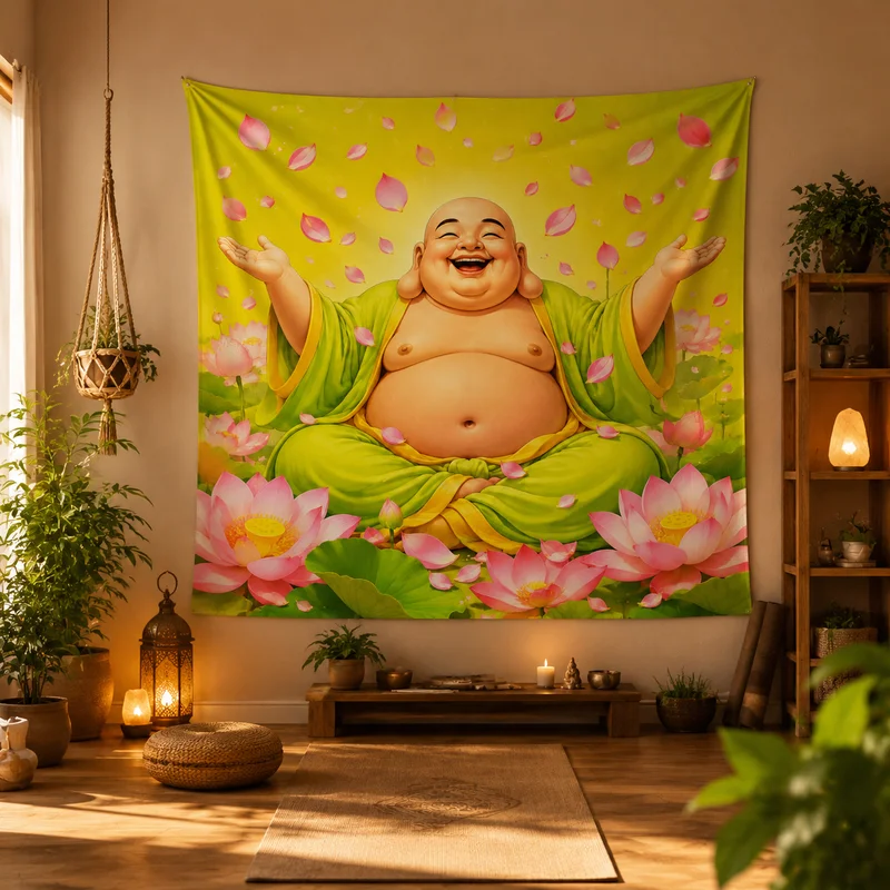 VIKAMA Spiritual Buddha Eating Noodles Tapestry Pink Lotus Sun Rays Wall Hanging Yoga Studio Home Decor Tapestry