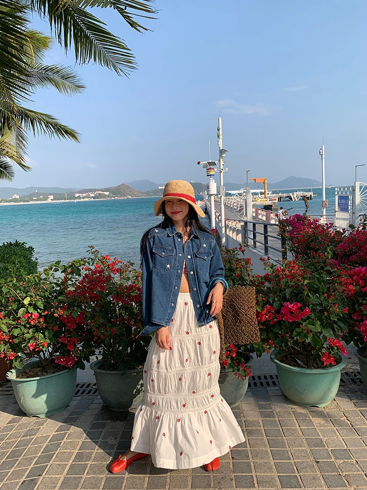 Falda  Estilo Fresco de Primavera, Falda Blanca con Bordado Floral para Mujer, Falda Midi de Cintura Alta con Pliegues de...