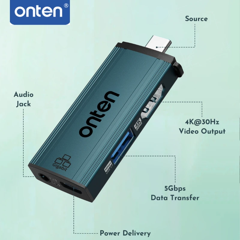 ONTEN Original USB C Hub 5 in 1 Type C Dock with 4K HDMI USB A 3.0 3.5mm Mic Audio PD 3.0 100W Charging Adapter