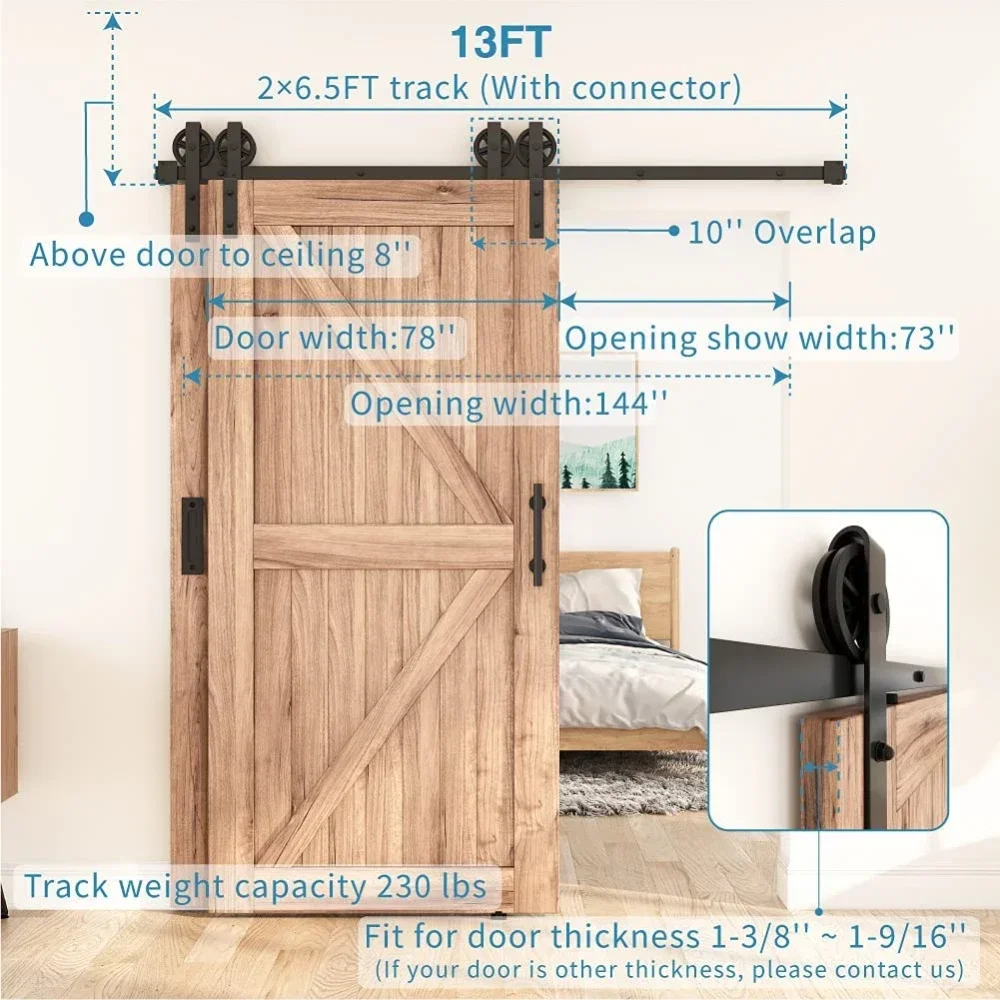 

LWZH Bypass Sliding Wood Barn Door Hardware Kit with Big Wheel Black Closet Slides Tracks Rollers for Double Door 4-16FT