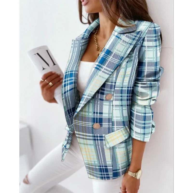 

Autumn Women's Commuter Loose Version Suit Coat Double Breasted Fashion Printed Suit Collar Long Sleeved Top Coat