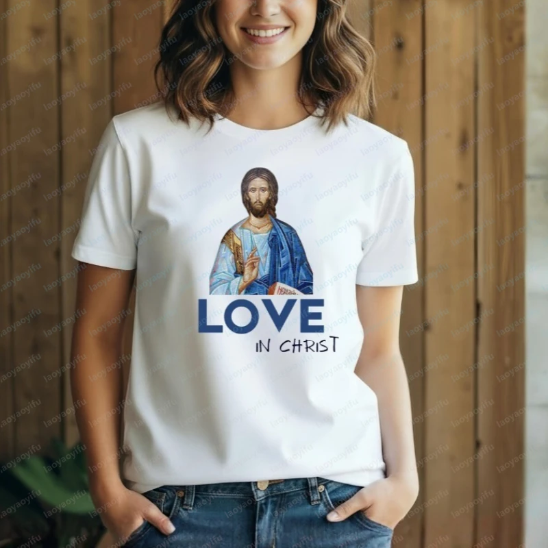 Love in Christ Cotton T-Shirt for Women Men Jesus Portrait Vintage Classic Graphic Tee Religious Faith Summer Trend Casual Tops