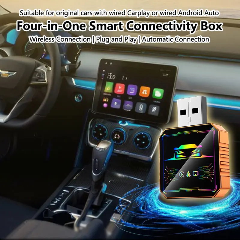

Беспроводной адаптер 4-в-1 для Android Auto и CarPlay, зеркалирование экрана на автомагнитолу для iOS/Android Auto, универсальный автомобильный адаптер с Android 14 и iOS
