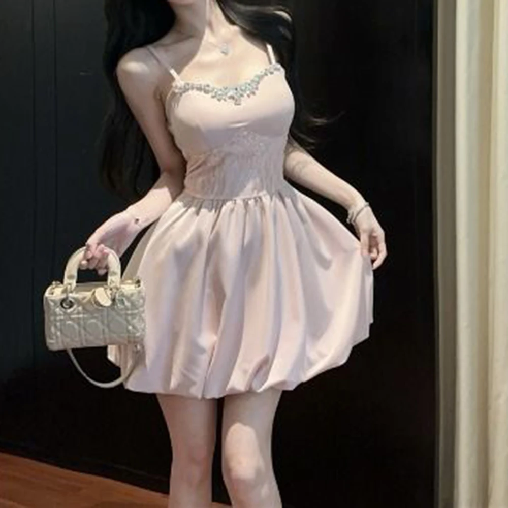 daughter celebrity heavy industry nail drill suspender dress women's summer slim waist A word princess bud short skirt