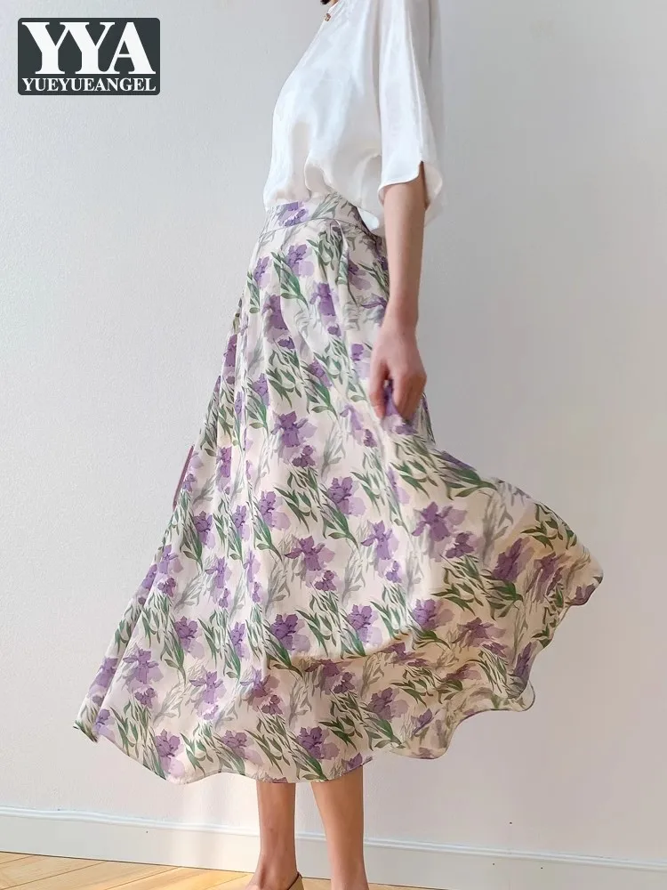 

New Office Ladies Elegant Silk Skirt High Waist Flower Print Long Skirts Spring Summer Casual Women Fashion A-Line Skirt