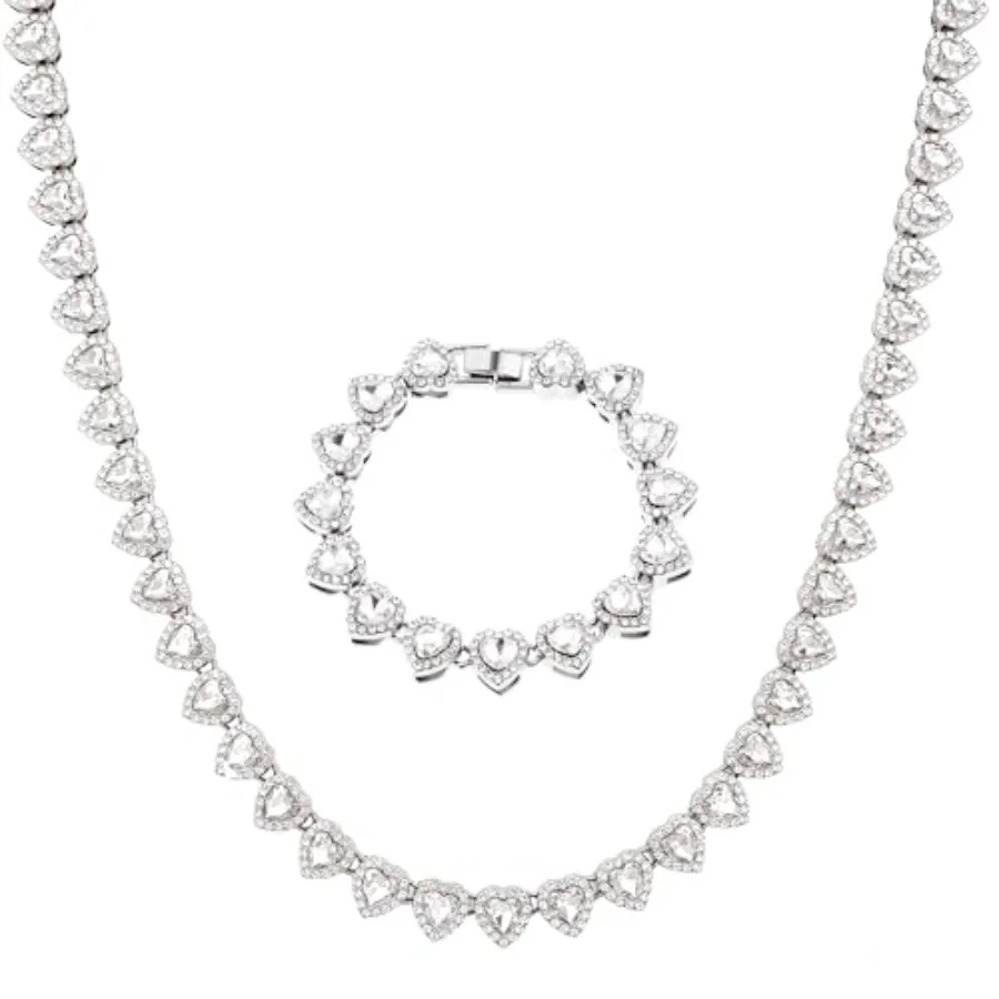 

fasone Rhinestone Hearts Necklace, Iced Out Hearts Jewelry Silver Tennis Necklace For Women Tennis Necklaces For Women, Heart T