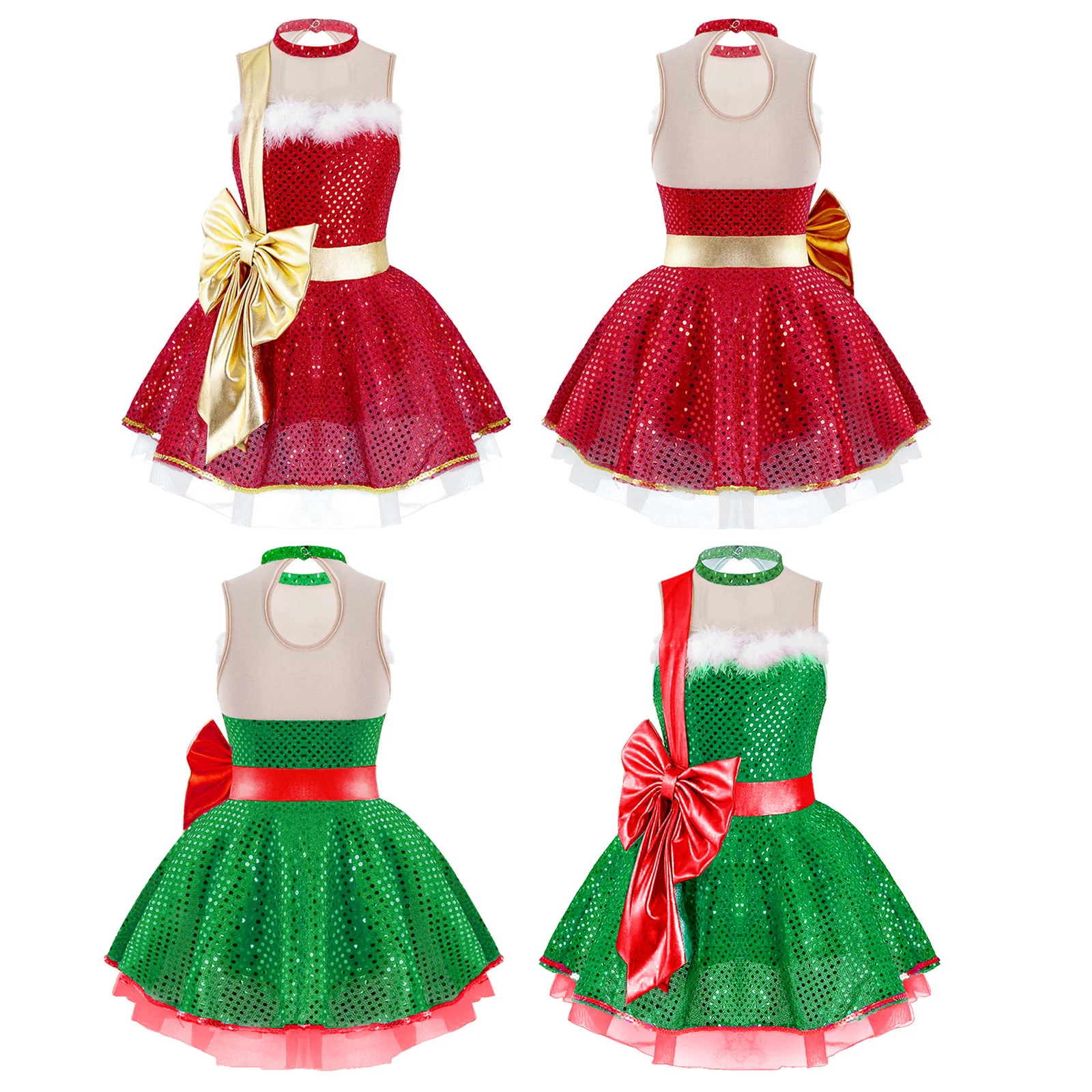 Kids Girls Sequins Sleeveless Keyhole Back Dance Figure Skating Tutu Dress Leotard Christmas Santa Claus Performance Costume