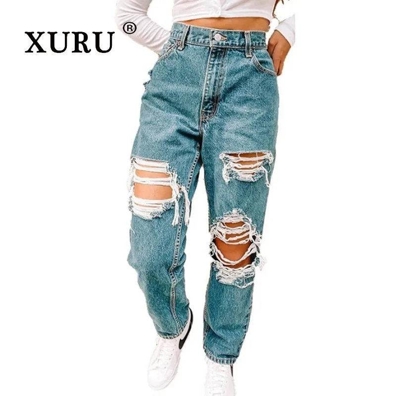 

XURU - New Women's Retro Distressed Jeans, Y2k Clothing Straight Leg Blue Long Jeans, Men's Pants