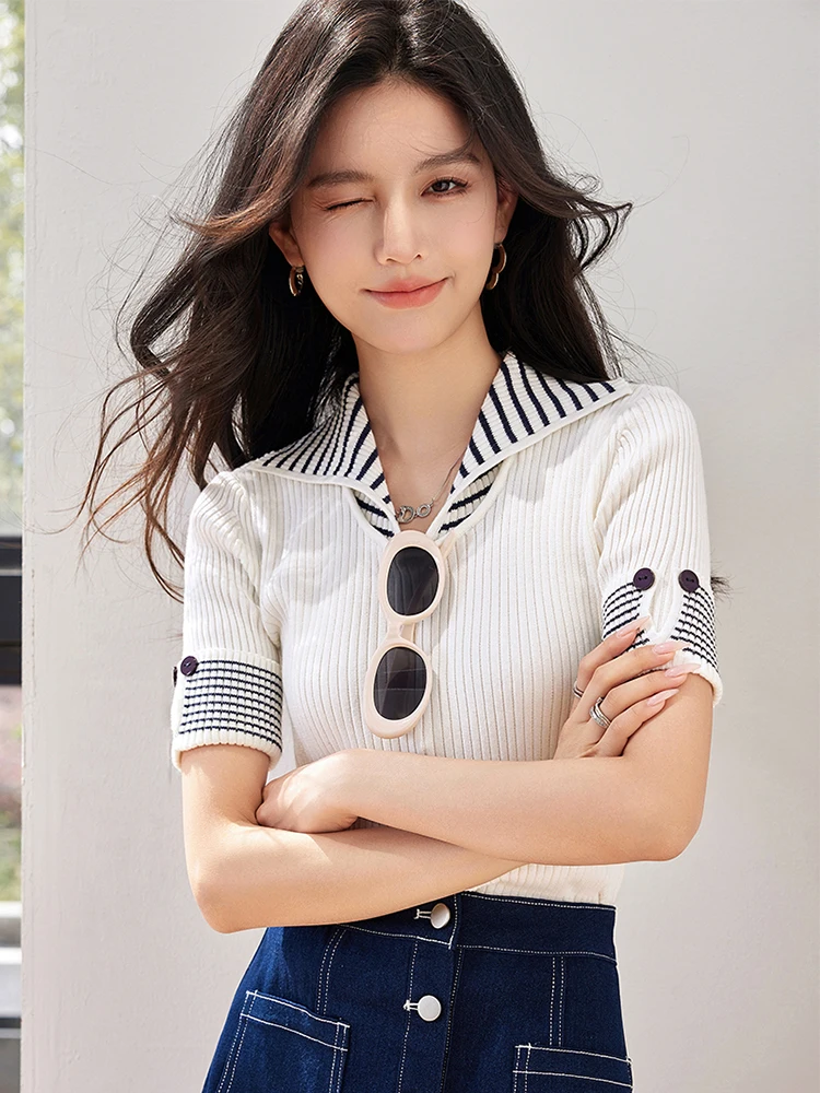 Striped Knitted Short Sleeve T-shirt Women\'s Summer New Korean Version Loose Retro Contrast Slim Round Neck Top Fashion Casual